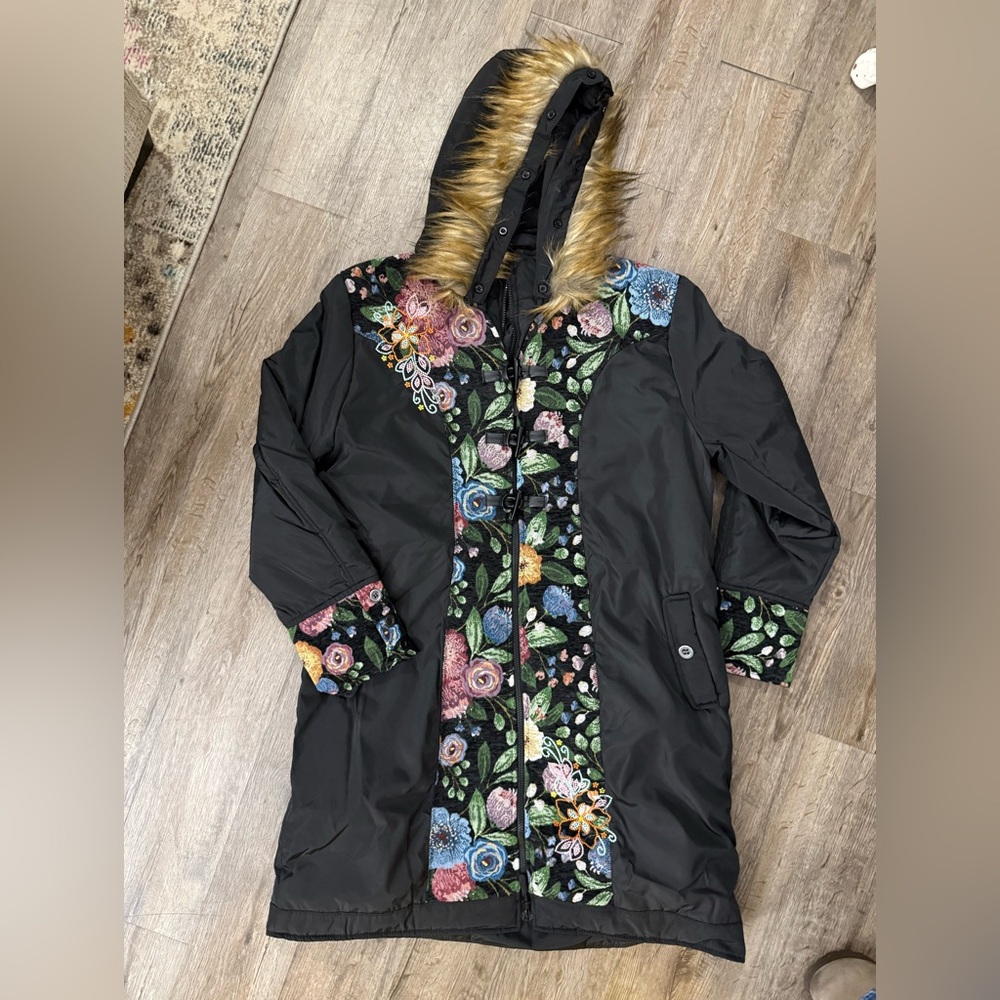 NV Apparel • Floral Tapestry Embroidered Faux Fur Parka Coat